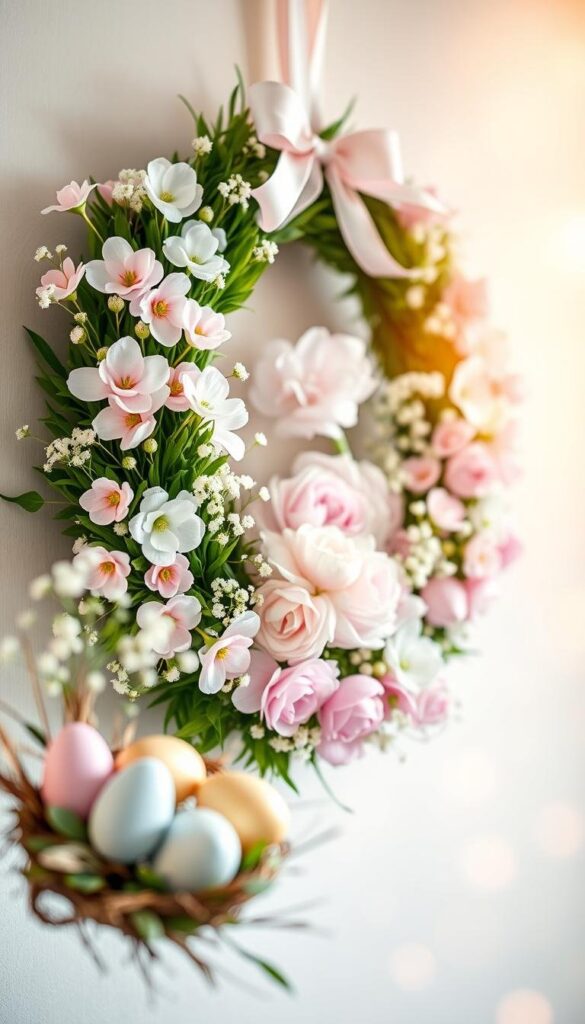 A pastel-hued Easter wreath adorns the wall, its delicate blooms and ribbons casting a soft, ethereal glow. In the foreground, a cluster of pastel-painted eggs nestled among the lush greenery add a charming touch. The middle ground features an intricate arrangement of pastel-toned flowers, including delicate hydrangeas, fluffy peonies, and airy baby's breath. The background showcases a serene, softly-lit setting, with a subtle bokeh effect creating a dreamlike ambiance. Warm, golden rays of light filter through the composition, imbuing the scene with a sense of warmth and spring-time delight. The overall effect is a harmonious, whimsical, and captivating pastel Easter wreath that perfectly encapsulates the creative theme for this DIY project. A pastel-hued Easter wreath adorns the wall, its delicate blooms and ribbons casting a soft, ethereal glow. In the foreground, a cluster of pastel-painted eggs nestled among the lush greenery add a charming touch. The middle ground features an intricate arrangement of pastel-toned flowers, including delicate hydrangeas, fluffy peonies, and airy baby's breath. The background showcases a serene, softly-lit setting, with a subtle bokeh effect creating a dreamlike ambiance. Warm, golden rays of light filter through the composition, imbuing the scene with a sense of warmth and spring-time delight. The overall effect is a harmonious, whimsical, and captivating pastel Easter wreath that perfectly encapsulates the creative theme for this DIY project.