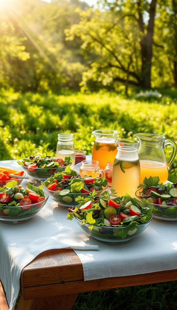 A picnic table adorned with a crisp white tablecloth, set against a lush, verdant backdrop. Overflowing bowls of fresh salads take center stage - vibrant greens, juicy tomatoes, crunchy cucumbers, and fragrant herbs. Chilled pitchers of infused waters and iced teas stand ready to quench thirst. Sunlight filters through the trees, casting a warm, golden glow over the scene. Soft, wispy clouds dot the sky, creating a sense of tranquility. The overall atmosphere is one of refreshment, nourishment, and the joyful embrace of the spring season. A picnic table adorned with a crisp white tablecloth, set against a lush, verdant backdrop. Overflowing bowls of fresh salads take center stage - vibrant greens, juicy tomatoes, crunchy cucumbers, and fragrant herbs. Chilled pitchers of infused waters and iced teas stand ready to quench thirst. Sunlight filters through the trees, casting a warm, golden glow over the scene. Soft, wispy clouds dot the sky, creating a sense of tranquility. The overall atmosphere is one of refreshment, nourishment, and the joyful embrace of the spring season.