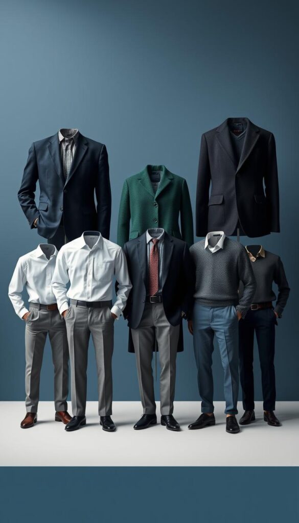 A professional winter workwear collection showcasing a harmonious palette of cool-toned hues. In the foreground, crisp white button-down shirts and tailored gray slacks create a clean, modern silhouette. The middle ground features a selection of navy, charcoal, and deep green blazers, coats, and sweaters, textured with premium fabrics like wool and cashmere. In the background, a muted blue-gray backdrop accentuates the refined, understated elegance of the ensemble. Soft, directional lighting casts subtle shadows, highlighting the high-quality craftsmanship and attention to detail. The overall aesthetic conveys a sense of professionalism, sophistication, and a confident command of color psychology in winter workwear. A professional winter workwear collection showcasing a harmonious palette of cool-toned hues. In the foreground, crisp white button-down shirts and tailored gray slacks create a clean, modern silhouette. The middle ground features a selection of navy, charcoal, and deep green blazers, coats, and sweaters, textured with premium fabrics like wool and cashmere. In the background, a muted blue-gray backdrop accentuates the refined, understated elegance of the ensemble. Soft, directional lighting casts subtle shadows, highlighting the high-quality craftsmanship and attention to detail. The overall aesthetic conveys a sense of professionalism, sophistication, and a confident command of color psychology in winter workwear.