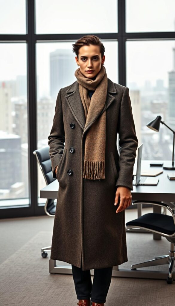 A professional winter workwear fashion scene in a modern, well-lit office setting. In the foreground, a model wearing a tailored wool overcoat, cashmere scarf, and leather gloves stands confidently, conveying a sense of sophisticated style. The middle ground features a sleek, minimalist desk with a laptop, papers, and a stylish desk lamp, hinting at the practical yet stylish nature of the ensemble. The background showcases floor-to-ceiling windows overlooking a snowy cityscape, creating a serene and elegant atmosphere. The lighting is soft and diffused, accentuating the high-quality textures and details of the clothing and office decor. The overall mood is one of understated professionalism and refined winter elegance. A professional winter workwear fashion scene in a modern, well-lit office setting. In the foreground, a model wearing a tailored wool overcoat, cashmere scarf, and leather gloves stands confidently, conveying a sense of sophisticated style. The middle ground features a sleek, minimalist desk with a laptop, papers, and a stylish desk lamp, hinting at the practical yet stylish nature of the ensemble. The background showcases floor-to-ceiling windows overlooking a snowy cityscape, creating a serene and elegant atmosphere. The lighting is soft and diffused, accentuating the high-quality textures and details of the clothing and office decor. The overall mood is one of understated professionalism and refined winter elegance.