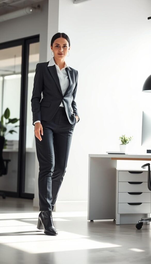 A professional woman standing in a modern office, wearing a well-tailored charcoal gray suit with a crisp white blouse. Her sleek leather ankle boots with a low block heel confidently carry her through the workplace. Soft, diffused lighting illuminates the scene, casting gentle shadows that accentuate the clean lines of her outfit. The background is a minimalist, bright workspace with simple decor, allowing the focal point to be the stylish, yet practical, work-appropriate ensemble. A professional woman standing in a modern office, wearing a well-tailored charcoal gray suit with a crisp white blouse. Her sleek leather ankle boots with a low block heel confidently carry her through the workplace. Soft, diffused lighting illuminates the scene, casting gentle shadows that accentuate the clean lines of her outfit. The background is a minimalist, bright workspace with simple decor, allowing the focal point to be the stylish, yet practical, work-appropriate ensemble.