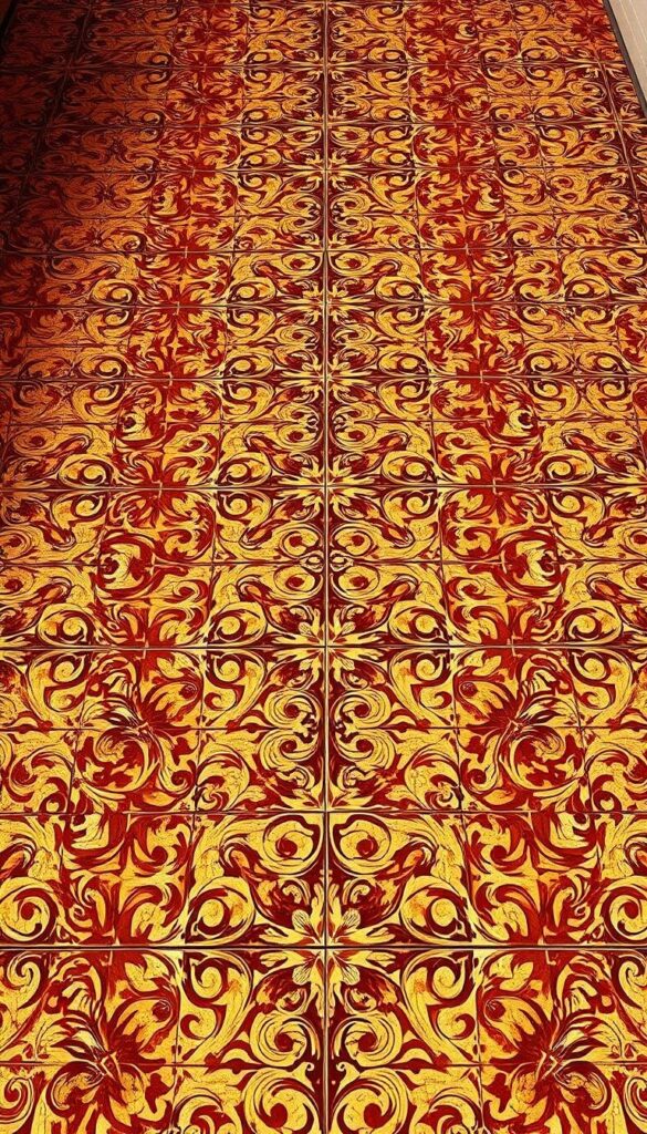 A richly ornate and intricate floor design in earthy tones of warm ochre, deep sienna, and muted terracotta. The pattern features an intricate tile motif with nested geometric shapes, swirling flourishes, and subtle gradients that create a sense of depth and movement. The flooring spans the entire frame, with the perspective angled to showcase the hypnotic symmetry and rhythmic repetition of the design. Soft, diffused lighting casts gentle shadows that accentuate the textural details, imbuing the scene with a sense of timeless elegance and a cozy, inviting atmosphere. A richly ornate and intricate floor design in earthy tones of warm ochre, deep sienna, and muted terracotta. The pattern features an intricate tile motif with nested geometric shapes, swirling flourishes, and subtle gradients that create a sense of depth and movement. The flooring spans the entire frame, with the perspective angled to showcase the hypnotic symmetry and rhythmic repetition of the design. Soft, diffused lighting casts gentle shadows that accentuate the textural details, imbuing the scene with a sense of timeless elegance and a cozy, inviting atmosphere.