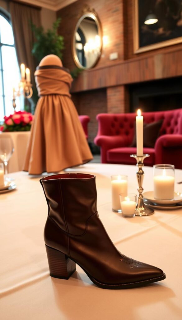 A romantic candlelit dinner for two, the table set with fine china and a bouquet of roses. In the foreground, a pair of leather ankle boots with a stylish pointed toe and chunky heel, adorned with delicate lace detailing. The boots are paired with a flowing, knee-length skirt and a silky, off-the-shoulder top, creating a effortlessly chic and feminine look. The lighting is soft and warm, casting a cozy glow over the scene. In the background, a lush, intimate setting with a brick fireplace and plush velvet armchairs, hinting at a cozy, intimate ambiance perfect for a date night. A romantic candlelit dinner for two, the table set with fine china and a bouquet of roses. In the foreground, a pair of leather ankle boots with a stylish pointed toe and chunky heel, adorned with delicate lace detailing. The boots are paired with a flowing, knee-length skirt and a silky, off-the-shoulder top, creating a effortlessly chic and feminine look. The lighting is soft and warm, casting a cozy glow over the scene. In the background, a lush, intimate setting with a brick fireplace and plush velvet armchairs, hinting at a cozy, intimate ambiance perfect for a date night.
