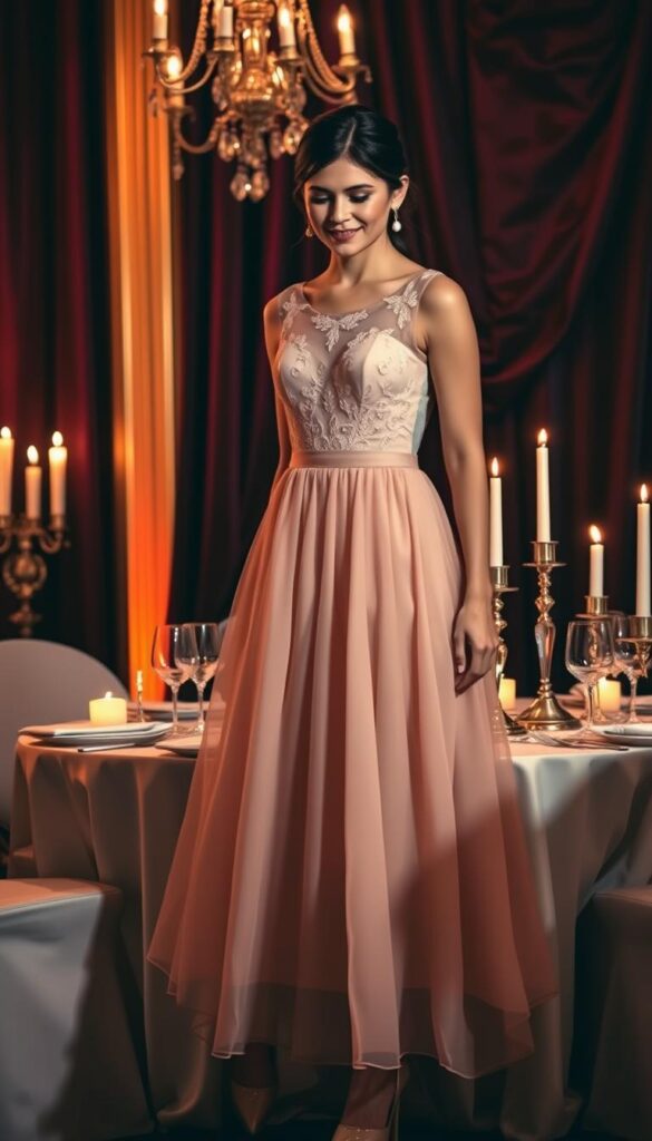 A romantic dinner setting with an elegant midi dress as the focal point. The dress is fashioned from luxurious chiffon, flowing gracefully to the mid-calf. Delicate lace appliques adorn the bodice, creating a subtle, feminine elegance. Soft, warm lighting casts a cozy glow, while a table setting of fine china, crystal glassware, and flickering candles sets the mood for an intimate, upscale dining experience. The background features a backdrop of rich, jewel-toned drapery, adding a touch of opulence to the scene. The overall atmosphere is one of sophistication and enchantment, perfectly complementing the romantic dinner date theme. A romantic dinner setting with an elegant midi dress as the focal point. The dress is fashioned from luxurious chiffon, flowing gracefully to the mid-calf. Delicate lace appliques adorn the bodice, creating a subtle, feminine elegance. Soft, warm lighting casts a cozy glow, while a table setting of fine china, crystal glassware, and flickering candles sets the mood for an intimate, upscale dining experience. The background features a backdrop of rich, jewel-toned drapery, adding a touch of opulence to the scene. The overall atmosphere is one of sophistication and enchantment, perfectly complementing the romantic dinner date theme.