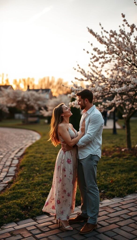 A romantic, softly-lit spring evening date night scene. In the foreground, a couple dressed in chic, springtime attire - the woman in a flowing, floral sundress and the man in a light, linen button-down and tailored trousers. They are embracing, gazing into each other's eyes. In the middle ground, a picturesque park setting with blooming cherry blossom trees, lush greenery, and a cobblestone path. The background is a warm, golden-hour sky with soft, wispy clouds. The lighting is diffused and romantic, creating an intimate, dreamy atmosphere. Captured with a shallow depth of field, the focus is on the couple in the center of the frame. A romantic, softly-lit spring evening date night scene. In the foreground, a couple dressed in chic, springtime attire - the woman in a flowing, floral sundress and the man in a light, linen button-down and tailored trousers. They are embracing, gazing into each other's eyes. In the middle ground, a picturesque park setting with blooming cherry blossom trees, lush greenery, and a cobblestone path. The background is a warm, golden-hour sky with soft, wispy clouds. The lighting is diffused and romantic, creating an intimate, dreamy atmosphere. Captured with a shallow depth of field, the focus is on the couple in the center of the frame.