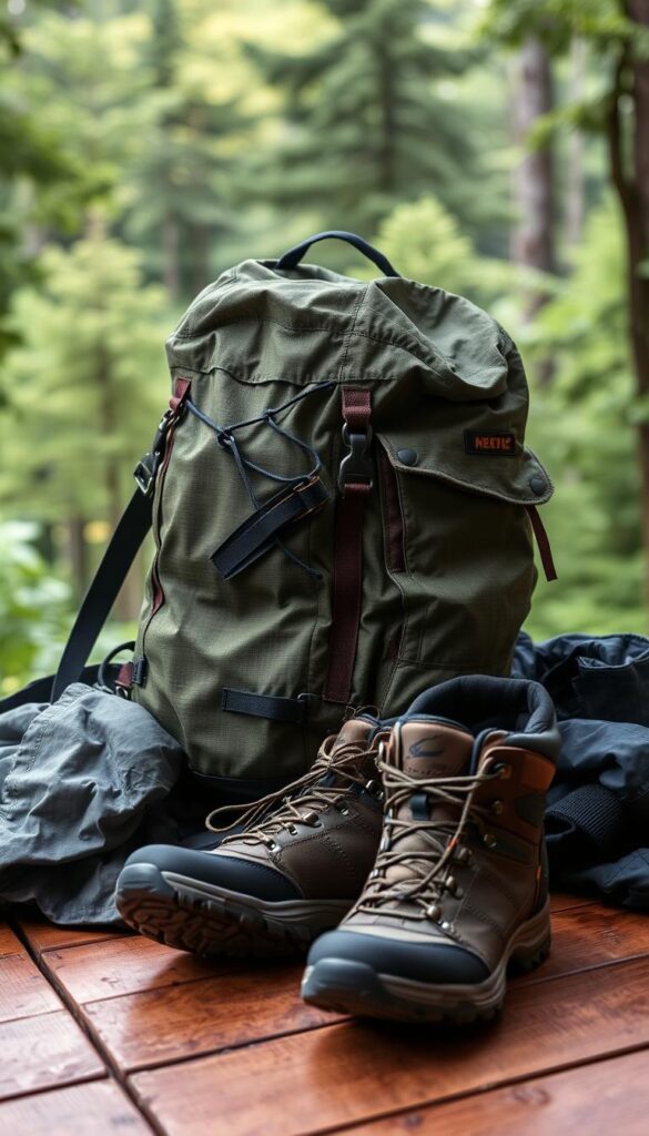 A rugged backpack in a mossy green hue, its straps and pockets reinforced for durability, sits atop a wooden table. Surrounding it, an array of technical travel essentials - a high-performance windbreaker in a breathable, water-resistant fabric, quick-drying hiking pants with articulated knees, and a pair of sturdy, treaded boots with protective toe caps. The light is soft and diffused, illuminating the scene with a sense of adventure and exploration. In the background, a lush, verdant forest scene suggests the outdoor adventures to come, beckoning the viewer to embark on their own journey. A rugged backpack in a mossy green hue, its straps and pockets reinforced for durability, sits atop a wooden table. Surrounding it, an array of technical travel essentials - a high-performance windbreaker in a breathable, water-resistant fabric, quick-drying hiking pants with articulated knees, and a pair of sturdy, treaded boots with protective toe caps. The light is soft and diffused, illuminating the scene with a sense of adventure and exploration. In the background, a lush, verdant forest scene suggests the outdoor adventures to come, beckoning the viewer to embark on their own journey.