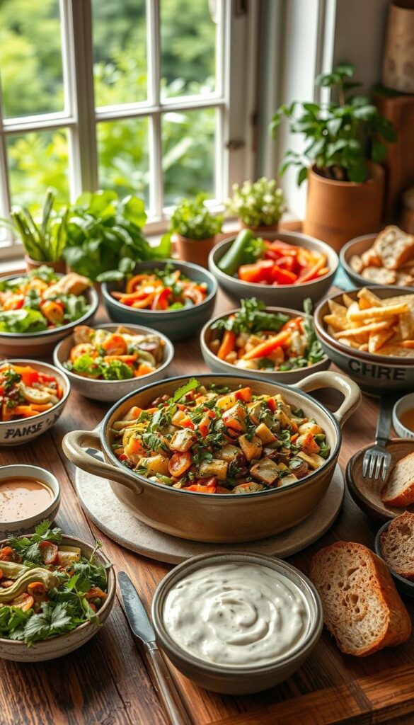 A rustic kitchen counter overflows with an array of vibrant, freshly-prepared one-pot spring meals. In the foreground, a large ceramic dish holds a steaming mixture of tender vegetables, aromatic herbs, and perfectly-cooked protein, the colors and textures complementing each other beautifully. Surrounding the main dish are smaller bowls and platters filled with vibrant salads, crisp breads, and tangy dips, creating a visually striking and appetizing display. The lighting is soft and natural, casting a warm glow over the scene and highlighting the freshness and wholesomeness of the ingredients. In the background, a window frames a lush, verdant garden, suggesting the seasonal origins of these nourishing, effortless meals. A rustic kitchen counter overflows with an array of vibrant, freshly-prepared one-pot spring meals. In the foreground, a large ceramic dish holds a steaming mixture of tender vegetables, aromatic herbs, and perfectly-cooked protein, the colors and textures complementing each other beautifully. Surrounding the main dish are smaller bowls and platters filled with vibrant salads, crisp breads, and tangy dips, creating a visually striking and appetizing display. The lighting is soft and natural, casting a warm glow over the scene and highlighting the freshness and wholesomeness of the ingredients. In the background, a window frames a lush, verdant garden, suggesting the seasonal origins of these nourishing, effortless meals.