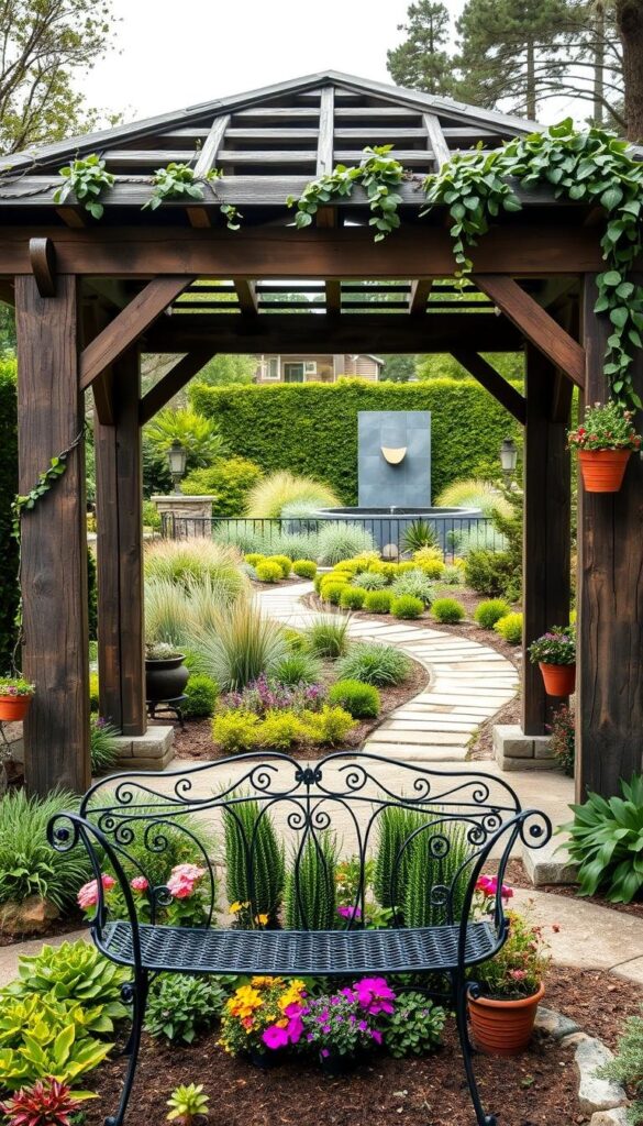 A rustic wooden gazebo stands in the center of a lush, well-manicured garden. Trailing vines and potted succulents adorn the structure, blending modern and natural elements. In the foreground, a wrought-iron garden bench is nestled among neatly arranged flower beds, their vibrant colors contrasting with the weathered wood. Soft, diffused lighting filters through the gazebo's open lattice, creating a warm, inviting atmosphere. The background features a stone pathway winding through a mix of ornamental grasses and carefully pruned shrubs, leading the eye towards a distant, modern water feature. The overall composition strikes a harmonious balance between rustic charm and contemporary design, inspiring a sense of relaxation and tranquility. A rustic wooden gazebo stands in the center of a lush, well-manicured garden. Trailing vines and potted succulents adorn the structure, blending modern and natural elements. In the foreground, a wrought-iron garden bench is nestled among neatly arranged flower beds, their vibrant colors contrasting with the weathered wood. Soft, diffused lighting filters through the gazebo's open lattice, creating a warm, inviting atmosphere. The background features a stone pathway winding through a mix of ornamental grasses and carefully pruned shrubs, leading the eye towards a distant, modern water feature. The overall composition strikes a harmonious balance between rustic charm and contemporary design, inspiring a sense of relaxation and tranquility.