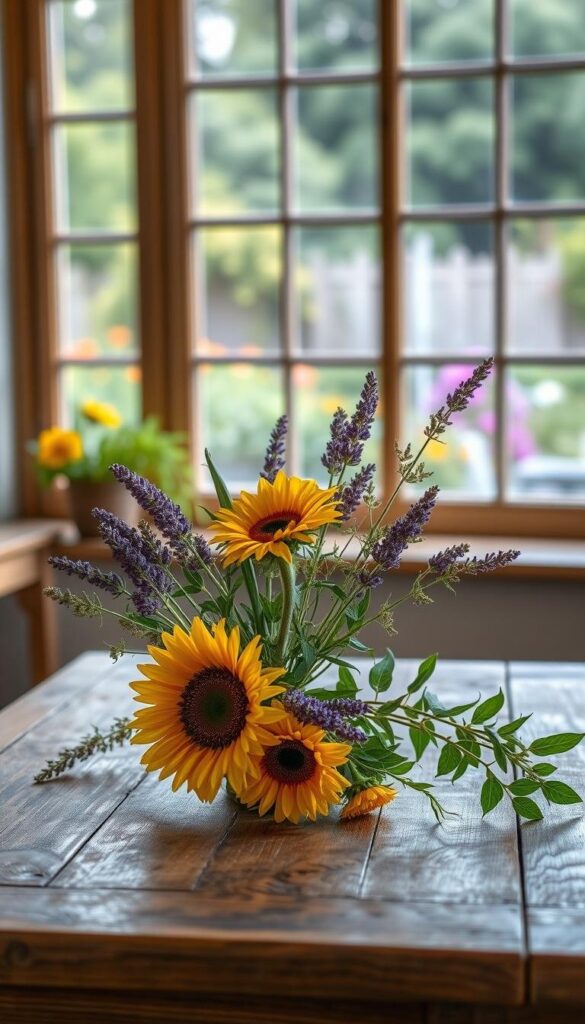 A rustic wooden table displays a delicate arrangement of summer botanicals - vibrant sunflowers, fragrant lavender sprigs, and lush greenery. Soft, diffused lighting from a large window casts a warm, golden glow across the scene. The floral elements are posed with artful simplicity, allowing their natural beauty to shine. In the background, a blurred view of a peaceful garden setting provides a serene, natural backdrop. This charming DIY floral display evokes the essence of the season, emanating a sense of relaxed elegance and effortless style. A rustic wooden table displays a delicate arrangement of summer botanicals - vibrant sunflowers, fragrant lavender sprigs, and lush greenery. Soft, diffused lighting from a large window casts a warm, golden glow across the scene. The floral elements are posed with artful simplicity, allowing their natural beauty to shine. In the background, a blurred view of a peaceful garden setting provides a serene, natural backdrop. This charming DIY floral display evokes the essence of the season, emanating a sense of relaxed elegance and effortless style.