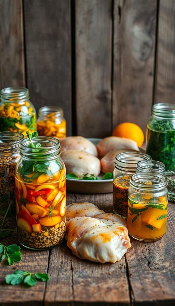 A rustic wooden table is adorned with an array of flavorful marinades for grilled chicken. In the foreground, glass jars contain vibrant concoctions of herbs, spices, and citrus zest, their contents casting warm hues across the scene. In the middle ground, juicy chicken breasts are arranged, ready to be submerged in the aromatic liquids. The background features a backdrop of weathered barn wood, evoking a cozy, countryside ambiance. Soft, natural lighting casts gentle shadows, highlighting the textural details of the ingredients. The overall mood is one of anticipation, as these marinades promise to elevate the flavors of the grilled chicken to new heights. A rustic wooden table is adorned with an array of flavorful marinades for grilled chicken. In the foreground, glass jars contain vibrant concoctions of herbs, spices, and citrus zest, their contents casting warm hues across the scene. In the middle ground, juicy chicken breasts are arranged, ready to be submerged in the aromatic liquids. The background features a backdrop of weathered barn wood, evoking a cozy, countryside ambiance. Soft, natural lighting casts gentle shadows, highlighting the textural details of the ingredients. The overall mood is one of anticipation, as these marinades promise to elevate the flavors of the grilled chicken to new heights.