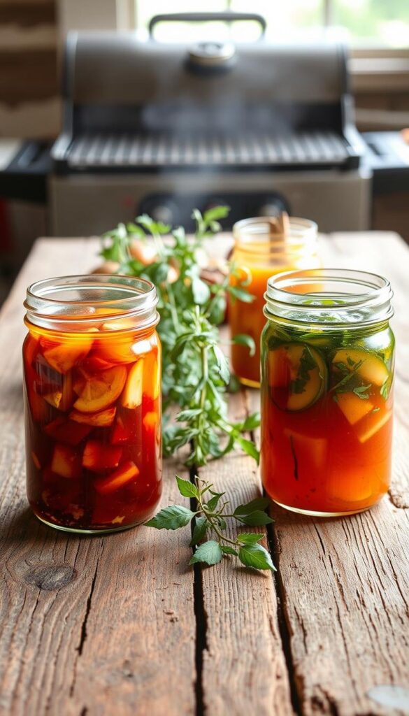 A rustic wooden table, its surface weathered and worn, is the backdrop for a vibrant display of spring marinades. In the foreground, glass jars filled with vibrant marinades in hues of citrus, garlic, and herbs stand ready, their contents casting warm reflections on the table's surface. The middle ground features a selection of fresh herbs, their delicate leaves gently swaying in a soft, natural light filtering through a window. In the background, the faint outline of a grill can be seen, hinting at the delicious meals to come. The overall scene conveys a sense of effortless, spur-of-the-moment grilling, with these quick and easy marinades at the heart of the preparation. A rustic wooden table, its surface weathered and worn, is the backdrop for a vibrant display of spring marinades. In the foreground, glass jars filled with vibrant marinades in hues of citrus, garlic, and herbs stand ready, their contents casting warm reflections on the table's surface. The middle ground features a selection of fresh herbs, their delicate leaves gently swaying in a soft, natural light filtering through a window. In the background, the faint outline of a grill can be seen, hinting at the delicious meals to come. The overall scene conveys a sense of effortless, spur-of-the-moment grilling, with these quick and easy marinades at the heart of the preparation.
