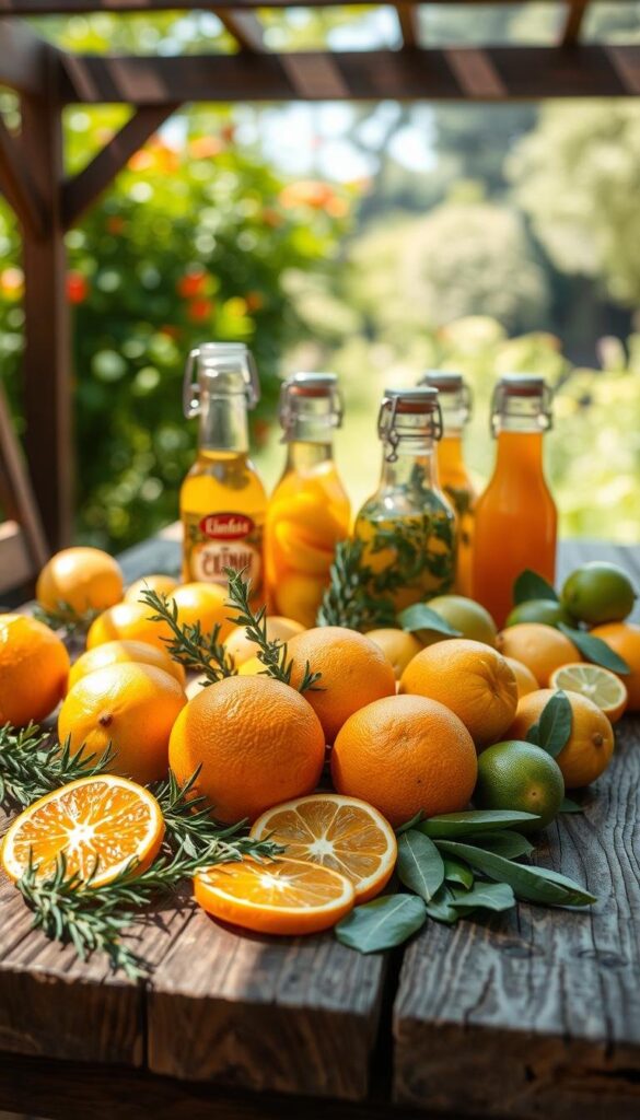 A rustic wooden table on a sun-dappled patio, showcasing an array of citrus marinades. In the foreground, various citrus fruits - juicy oranges, tangy lemons, and fragrant limes - are artfully arranged alongside sprigs of fresh rosemary, thyme, and bay leaves. In the middle ground, a selection of glass jars and bottles contain the vibrant, zesty marinades, their contents glistening under the warm, golden lighting. The background features a blurred, verdant garden, hinting at the perfect outdoor grilling setting. The overall mood is one of natural, homemade charm, inviting the viewer to imagine the delicious, citrus-infused grilled meats and vegetables that await. A rustic wooden table on a sun-dappled patio, showcasing an array of citrus marinades. In the foreground, various citrus fruits - juicy oranges, tangy lemons, and fragrant limes - are artfully arranged alongside sprigs of fresh rosemary, thyme, and bay leaves. In the middle ground, a selection of glass jars and bottles contain the vibrant, zesty marinades, their contents glistening under the warm, golden lighting. The background features a blurred, verdant garden, hinting at the perfect outdoor grilling setting. The overall mood is one of natural, homemade charm, inviting the viewer to imagine the delicious, citrus-infused grilled meats and vegetables that await.