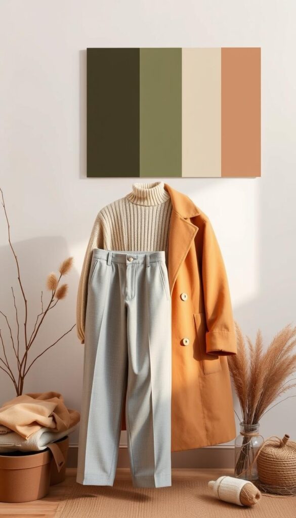 A serene and harmonious seasonal palette, capturing the gentle transition from winter to spring. In the foreground, a carefully curated arrangement of neutral-toned fashion items - a soft beige knit sweater, a pair of light gray wool trousers, and a timeless camel-colored overcoat. The middle ground features a muted color scheme, with earthy tones of olive, sage, and dusty rose, hinting at the changing seasons. In the background, a soft, diffused light creates a sense of warmth and calm, as if bathing the scene in the gentle rays of the sun. The overall atmosphere conveys a sense of effortless sophistication and timeless style, embodying the essence of transitional dressing. A serene and harmonious seasonal palette, capturing the gentle transition from winter to spring. In the foreground, a carefully curated arrangement of neutral-toned fashion items - a soft beige knit sweater, a pair of light gray wool trousers, and a timeless camel-colored overcoat. The middle ground features a muted color scheme, with earthy tones of olive, sage, and dusty rose, hinting at the changing seasons. In the background, a soft, diffused light creates a sense of warmth and calm, as if bathing the scene in the gentle rays of the sun. The overall atmosphere conveys a sense of effortless sophistication and timeless style, embodying the essence of transitional dressing.