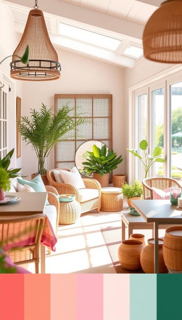 A serene and inviting summer home decor color palette, bathed in warm natural lighting. In the foreground, a vibrant array of pastel hues - soft pinks, soothing blues, and lush greens - adorn a chic yet comfortable living space. Midground showcases an eclectic mix of natural textures, from wicker furnishings to earthy ceramics, creating a cohesive and relaxed ambiance. The background gently fades into a cheerful, sun-dappled outdoor scene, hinting at the season's abundant beauty. This harmonious blend of colors, materials, and lighting captures the essence of "Embracing the Summer Vibe" for a truly inviting and seasonally inspired dining room. A serene and inviting summer home decor color palette, bathed in warm natural lighting. In the foreground, a vibrant array of pastel hues - soft pinks, soothing blues, and lush greens - adorn a chic yet comfortable living space. Midground showcases an eclectic mix of natural textures, from wicker furnishings to earthy ceramics, creating a cohesive and relaxed ambiance. The background gently fades into a cheerful, sun-dappled outdoor scene, hinting at the season's abundant beauty. This harmonious blend of colors, materials, and lighting captures the essence of "Embracing the Summer Vibe" for a truly inviting and seasonally inspired dining room.