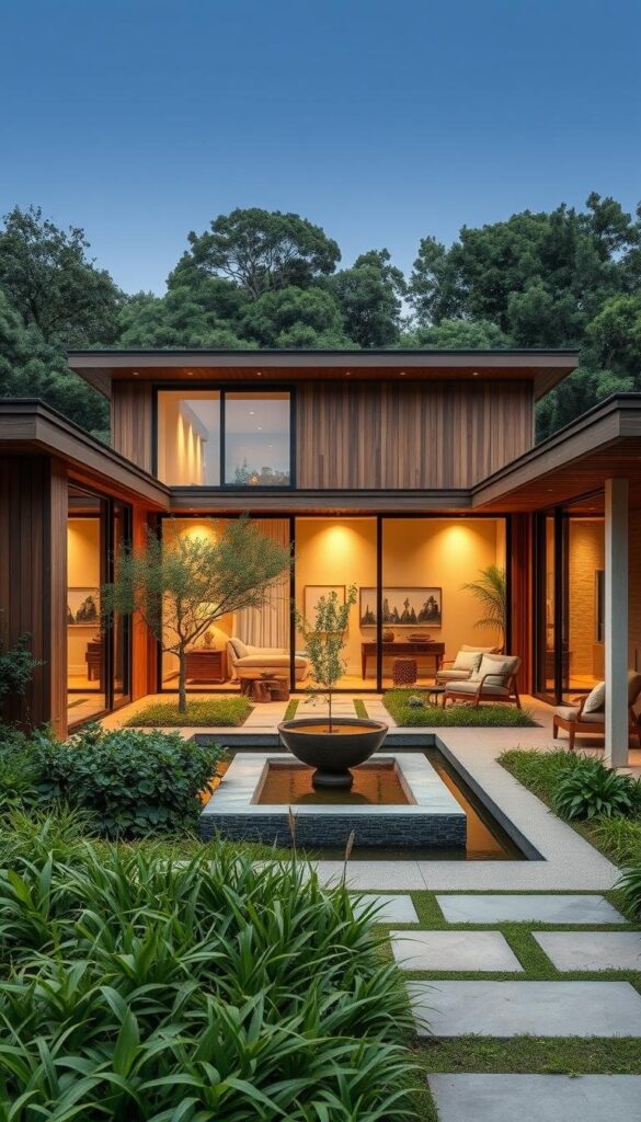 A serene and sustainable home nestled in a lush, verdant landscape. The exterior features clean lines, natural materials like wood and stone, and expansive windows that blur the boundary between indoor and outdoor spaces. A central courtyard with a tranquil water feature serves as the heart of the home, promoting a sense of calm and connection with nature. Soft, diffused lighting emanates from strategically placed sources, casting a warm, inviting glow. The interior is furnished with minimalist, high-quality pieces that prioritize functionality and timeless elegance. Earthy tones, natural fibers, and handcrafted accents create a refined, understated ambiance, reflecting the homeowner's commitment to responsible, thoughtful design. A serene and sustainable home nestled in a lush, verdant landscape. The exterior features clean lines, natural materials like wood and stone, and expansive windows that blur the boundary between indoor and outdoor spaces. A central courtyard with a tranquil water feature serves as the heart of the home, promoting a sense of calm and connection with nature. Soft, diffused lighting emanates from strategically placed sources, casting a warm, inviting glow. The interior is furnished with minimalist, high-quality pieces that prioritize functionality and timeless elegance. Earthy tones, natural fibers, and handcrafted accents create a refined, understated ambiance, reflecting the homeowner's commitment to responsible, thoughtful design.