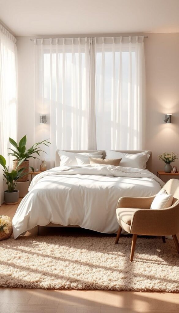 A serene and tranquil bedroom sanctuary, bathed in soft natural light filtering through sheer curtains. A plush, oversized bed with crisp white linens and piles of cozy pillows takes center stage, inviting restful relaxation. Potted plants and fresh flowers add pops of verdant life, while a fluffy area rug grounds the space in earthy tones. Soft, indirect lighting emanates from a pair of minimalist sconces, casting a warm, ambient glow. An armchair in a complementary fabric sits in the corner, a quiet nook for reading or meditation. The overall atmosphere is one of peaceful retreat, a calming oasis to soothe the senses and rejuvenate the soul. A serene and tranquil bedroom sanctuary, bathed in soft natural light filtering through sheer curtains. A plush, oversized bed with crisp white linens and piles of cozy pillows takes center stage, inviting restful relaxation. Potted plants and fresh flowers add pops of verdant life, while a fluffy area rug grounds the space in earthy tones. Soft, indirect lighting emanates from a pair of minimalist sconces, casting a warm, ambient glow. An armchair in a complementary fabric sits in the corner, a quiet nook for reading or meditation. The overall atmosphere is one of peaceful retreat, a calming oasis to soothe the senses and rejuvenate the soul.