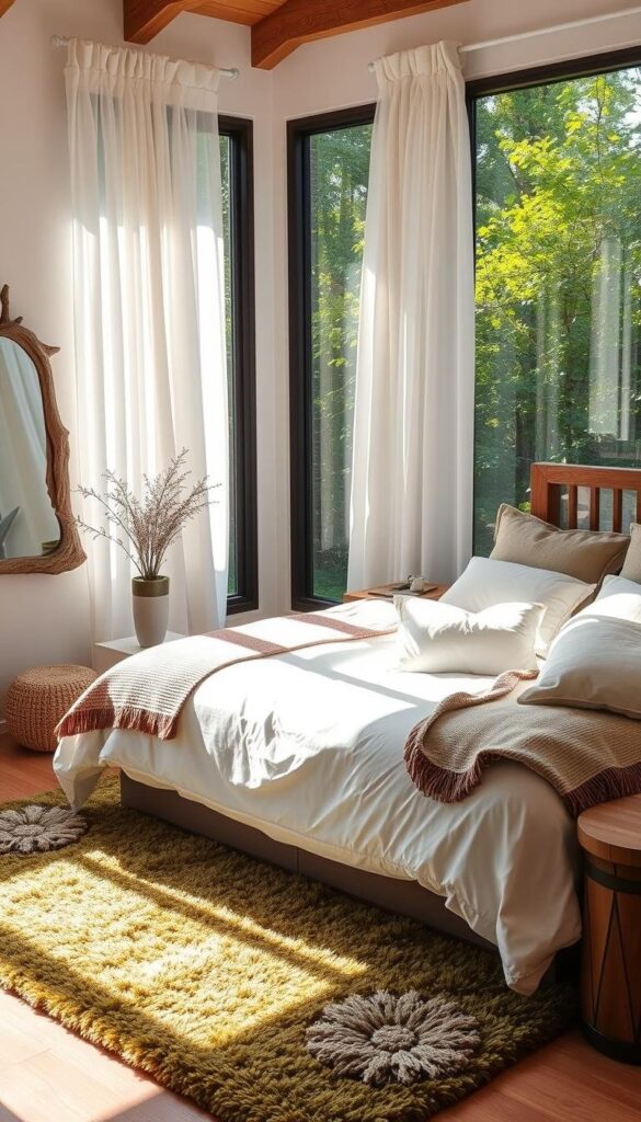 A serene and tranquil bedroom sanctuary, bathed in soft, natural lighting from a large window overlooking a lush, verdant garden. The space is adorned with earthy, organic textures - a plush, moss-colored area rug, a driftwood-framed mirror, and a wooden side table with a potted succulent. The bed is dressed in crisp, white linens, complemented by a woven throw blanket and fluffed, neutral-toned pillows. Sunlight filters through sheer, billowing curtains, casting a warm, calming glow throughout the room. An overall sense of harmony and balance, inviting rest and relaxation. A serene and tranquil bedroom sanctuary, bathed in soft, natural lighting from a large window overlooking a lush, verdant garden. The space is adorned with earthy, organic textures - a plush, moss-colored area rug, a driftwood-framed mirror, and a wooden side table with a potted succulent. The bed is dressed in crisp, white linens, complemented by a woven throw blanket and fluffed, neutral-toned pillows. Sunlight filters through sheer, billowing curtains, casting a warm, calming glow throughout the room. An overall sense of harmony and balance, inviting rest and relaxation.