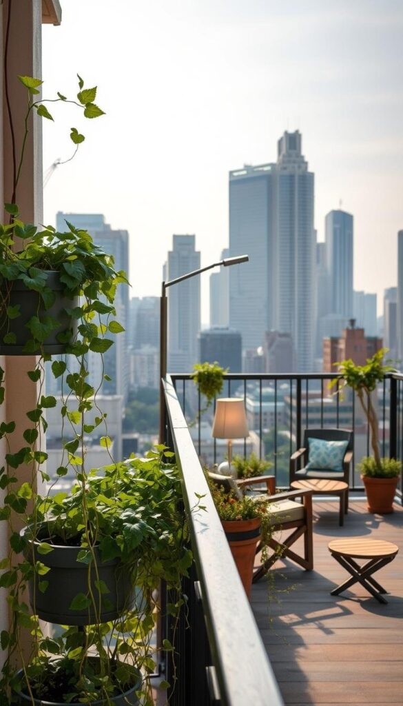 A serene balcony oasis showcasing sustainable living. In the foreground, lush greenery in recycled planters adorns the railing, with trailing vines cascading down. In the middle ground, a cozy seating area features upcycled furniture and a solar-powered outdoor lamp, bathed in warm, natural light. The background depicts a cityscape with towering skyscrapers, emphasizing the contrast between urban and natural elements. The overall atmosphere is one of tranquility and eco-consciousness, inviting the viewer to imagine a peaceful, sustainable balcony retreat. A serene balcony oasis showcasing sustainable living. In the foreground, lush greenery in recycled planters adorns the railing, with trailing vines cascading down. In the middle ground, a cozy seating area features upcycled furniture and a solar-powered outdoor lamp, bathed in warm, natural light. The background depicts a cityscape with towering skyscrapers, emphasizing the contrast between urban and natural elements. The overall atmosphere is one of tranquility and eco-consciousness, inviting the viewer to imagine a peaceful, sustainable balcony retreat.