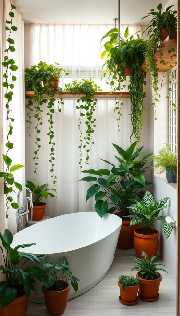 A serene bathroom oasis with lush, verdant indoor plants cascading from floating shelves and windowsills. Soft, filtered natural light filters through sheer curtains, casting a warm, spa-like ambiance. A modern, freestanding bathtub sits as the centerpiece, surrounded by trailing vines and leafy fronds. Terracotta pots of thriving pothos, philodendrons, and ferns dot the space, complementing the minimalist, Scandinavian-inspired decor. The scene exudes tranquility and a sense of rejuvenation, perfectly showcasing how indoor plants can transform a bathroom into a peaceful, nature-inspired retreat. A serene bathroom oasis with lush, verdant indoor plants cascading from floating shelves and windowsills. Soft, filtered natural light filters through sheer curtains, casting a warm, spa-like ambiance. A modern, freestanding bathtub sits as the centerpiece, surrounded by trailing vines and leafy fronds. Terracotta pots of thriving pothos, philodendrons, and ferns dot the space, complementing the minimalist, Scandinavian-inspired decor. The scene exudes tranquility and a sense of rejuvenation, perfectly showcasing how indoor plants can transform a bathroom into a peaceful, nature-inspired retreat.