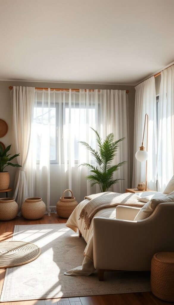 A serene bedroom oasis, bathed in soft, natural light. A calming color palette of muted blues, greens, and neutrals creates a tranquil ambiance. Plush, cloud-like bedding invites you to sink into a restful slumber, while sheer curtains gently sway, filtering the sunlight. Wooden accents and natural textures, like woven baskets and lush greenery, ground the space in earthy elegance. A cozy reading nook with a plush armchair and a floor lamp offers a quiet retreat. The overall atmosphere exudes a sense of serenity and rejuvenation, perfect for a peaceful retreat. A serene bedroom oasis, bathed in soft, natural light. A calming color palette of muted blues, greens, and neutrals creates a tranquil ambiance. Plush, cloud-like bedding invites you to sink into a restful slumber, while sheer curtains gently sway, filtering the sunlight. Wooden accents and natural textures, like woven baskets and lush greenery, ground the space in earthy elegance. A cozy reading nook with a plush armchair and a floor lamp offers a quiet retreat. The overall atmosphere exudes a sense of serenity and rejuvenation, perfect for a peaceful retreat.