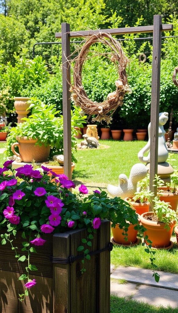 A serene garden oasis, filled with a lush arrangement of decorative accents. In the foreground, a rustic wooden planter overflows with vibrant blooms and trailing vines, casting warm, natural shadows. Nestled in the middle ground, a delicate wreath of intertwined branches and dried flowers hangs from a weathered garden trellis, its intricate details catching the soft, dappled sunlight. In the background, a curated selection of terracotta pots, stone sculptures, and whimsical garden ornaments dotting the lush, verdant landscape, creating a harmonious and inviting outdoor retreat. A serene garden oasis, filled with a lush arrangement of decorative accents. In the foreground, a rustic wooden planter overflows with vibrant blooms and trailing vines, casting warm, natural shadows. Nestled in the middle ground, a delicate wreath of intertwined branches and dried flowers hangs from a weathered garden trellis, its intricate details catching the soft, dappled sunlight. In the background, a curated selection of terracotta pots, stone sculptures, and whimsical garden ornaments dotting the lush, verdant landscape, creating a harmonious and inviting outdoor retreat.