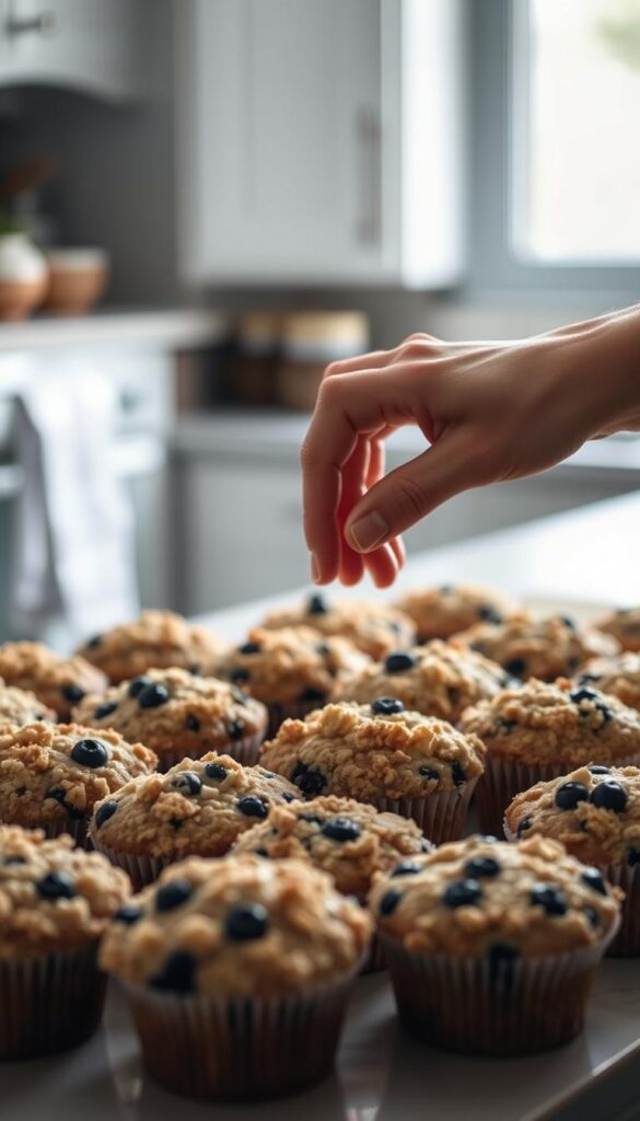 A serene kitchen countertop bathed in soft, natural lighting. On the surface, an array of freshly baked blueberry muffins, their crumble topping glistening invitingly. A pair of delicate, well-worn hands gently press into the top of a muffin, testing its springiness and doneness. The scene captures the quiet, contemplative process of ensuring these beloved baked goods are perfectly cooked through, ready to be cooled and savored. Shallow depth of field emphasizes the tactile focus, while muted tones evoke the comforting, homemade atmosphere. A serene kitchen countertop bathed in soft, natural lighting. On the surface, an array of freshly baked blueberry muffins, their crumble topping glistening invitingly. A pair of delicate, well-worn hands gently press into the top of a muffin, testing its springiness and doneness. The scene captures the quiet, contemplative process of ensuring these beloved baked goods are perfectly cooked through, ready to be cooled and savored. Shallow depth of field emphasizes the tactile focus, while muted tones evoke the comforting, homemade atmosphere.