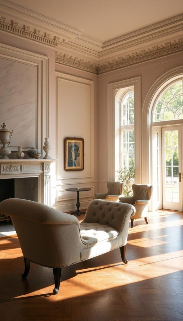 A serene living space bathed in warm, natural light, reflecting the historical influences of classical design. In the foreground, a graceful chaise lounge with tufted upholstery and elegantly curved legs, positioned near a large window overlooking a lush garden. The middle ground features a polished marble fireplace mantel, adorned with delicate vases and ceramics. In the background, high ceilings with intricate moldings and a pair of antique armchairs upholstered in a soft, muted palette, creating an atmosphere of refined sophistication. Soft shadows cast by the indirect lighting add depth and a sense of timeless tranquility to the scene. A serene living space bathed in warm, natural light, reflecting the historical influences of classical design. In the foreground, a graceful chaise lounge with tufted upholstery and elegantly curved legs, positioned near a large window overlooking a lush garden. The middle ground features a polished marble fireplace mantel, adorned with delicate vases and ceramics. In the background, high ceilings with intricate moldings and a pair of antique armchairs upholstered in a soft, muted palette, creating an atmosphere of refined sophistication. Soft shadows cast by the indirect lighting add depth and a sense of timeless tranquility to the scene.