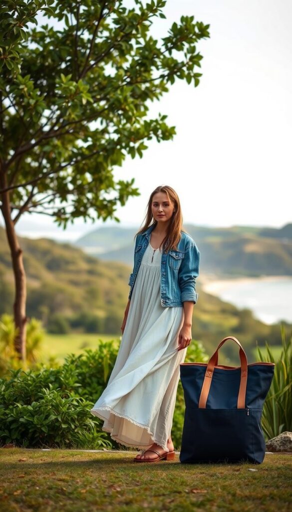 A serene outdoor scene showcasing sustainable travel fashion options. In the foreground, a model stands gracefully, wearing a flowing sustainable dress made from organic cotton, paired with a denim jacket crafted from recycled materials. The middle ground features a stylish backpack and tote bag, both made from eco-friendly fabrics like hemp or bamboo. In the background, lush greenery and a scenic vista of rolling hills or a tranquil beach create a peaceful, nature-inspired atmosphere. The lighting is soft and natural, capturing the sustainability and versatility of the outfits. The image evokes a sense of effortless, eco-conscious style perfect for any vacation destination. A serene outdoor scene showcasing sustainable travel fashion options. In the foreground, a model stands gracefully, wearing a flowing sustainable dress made from organic cotton, paired with a denim jacket crafted from recycled materials. The middle ground features a stylish backpack and tote bag, both made from eco-friendly fabrics like hemp or bamboo. In the background, lush greenery and a scenic vista of rolling hills or a tranquil beach create a peaceful, nature-inspired atmosphere. The lighting is soft and natural, capturing the sustainability and versatility of the outfits. The image evokes a sense of effortless, eco-conscious style perfect for any vacation destination.