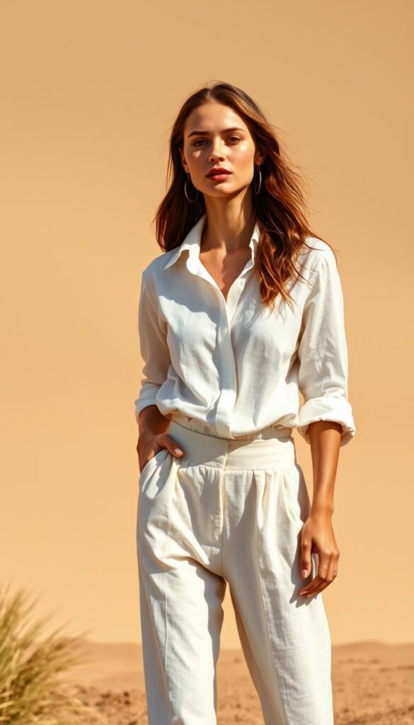 A serene summer afternoon, sun-drenched linen shirts and high-waisted trousers sway gently in a soft breeze. The outfits, crafted with natural fibers, exude an effortless elegance. In the foreground, a model stands confidently, one hand on her hip, the other arm casually by her side. Warm, diffused lighting flatters her features, casting subtle shadows that accentuate the tailored silhouette. In the middle ground, a minimalist backdrop of earthy tones provides a clean, uncluttered setting, allowing the outfits to take center stage. The overall mood is one of relaxed sophistication, capturing the essence of chic summer style. A serene summer afternoon, sun-drenched linen shirts and high-waisted trousers sway gently in a soft breeze. The outfits, crafted with natural fibers, exude an effortless elegance. In the foreground, a model stands confidently, one hand on her hip, the other arm casually by her side. Warm, diffused lighting flatters her features, casting subtle shadows that accentuate the tailored silhouette. In the middle ground, a minimalist backdrop of earthy tones provides a clean, uncluttered setting, allowing the outfits to take center stage. The overall mood is one of relaxed sophistication, capturing the essence of chic summer style.
