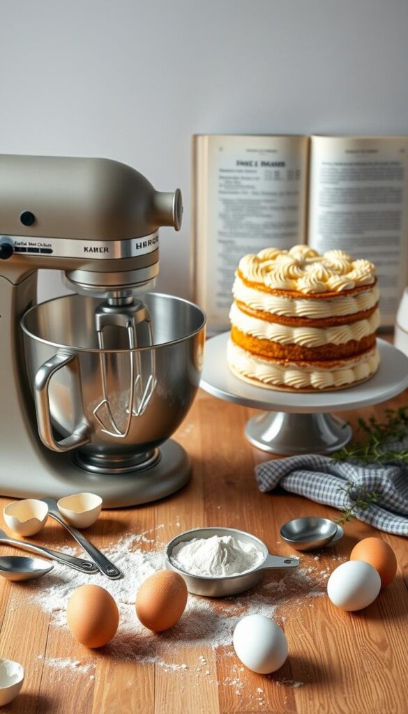A showstopping cake baking instruction set, artfully composed on a wooden countertop, with soft, natural lighting and a clean, minimalist style. In the foreground, a mixer whirring away, surrounded by freshly cracked eggs, precise measuring spoons, and a dusting of flour. In the middle ground, a tiered cake in the making, partially frosted, showcasing intricate textures and patterns. In the background, a vintage-inspired baking cookbook, open to the perfect recipe, and a few sprigs of fresh herbs for a touch of rustic elegance. The overall scene conveys a sense of culinary mastery, inspiring the viewer to create their own stunning 4th of July cake. A showstopping cake baking instruction set, artfully composed on a wooden countertop, with soft, natural lighting and a clean, minimalist style. In the foreground, a mixer whirring away, surrounded by freshly cracked eggs, precise measuring spoons, and a dusting of flour. In the middle ground, a tiered cake in the making, partially frosted, showcasing intricate textures and patterns. In the background, a vintage-inspired baking cookbook, open to the perfect recipe, and a few sprigs of fresh herbs for a touch of rustic elegance. The overall scene conveys a sense of culinary mastery, inspiring the viewer to create their own stunning 4th of July cake.