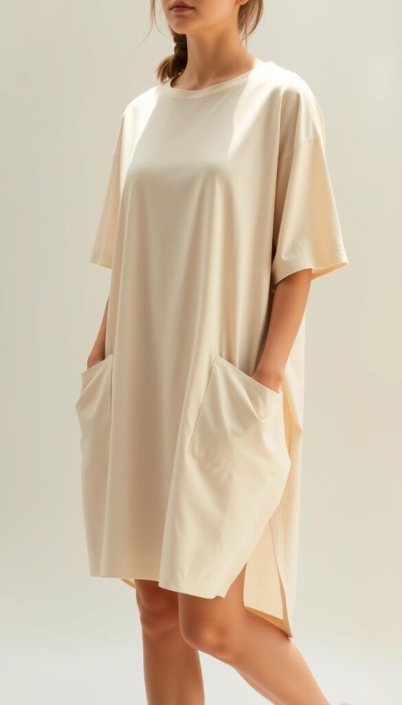 A simple yet stylish t-shirt dress with a subtle pocket detail, perfect for a casual summer day. The dress is made of a lightweight, breathable fabric that drapes elegantly, featuring a relaxed, A-line silhouette. The front pockets add a functional touch while complementing the overall minimalist design. Lit by soft, diffused natural lighting, the dress appears to gently sway, capturing the carefree essence of the summer season. The scene is set against a muted, pastel-toned background, creating a serene and inviting atmosphere. A simple yet stylish t-shirt dress with a subtle pocket detail, perfect for a casual summer day. The dress is made of a lightweight, breathable fabric that drapes elegantly, featuring a relaxed, A-line silhouette. The front pockets add a functional touch while complementing the overall minimalist design. Lit by soft, diffused natural lighting, the dress appears to gently sway, capturing the carefree essence of the summer season. The scene is set against a muted, pastel-toned background, creating a serene and inviting atmosphere.