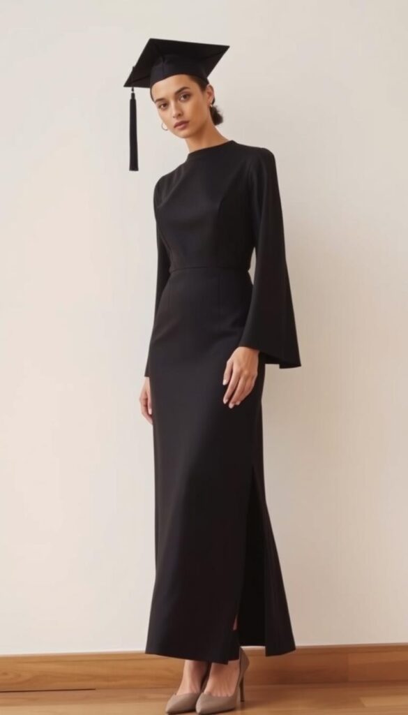 A sleek and sophisticated structured sheath graduation dress, featuring a tailored silhouette with a fitted bodice and a subtly flared skirt. The dress is crafted from a luxurious, matte fabric that drapes elegantly, creating a polished and professional look. The minimalist design is accentuated by clean lines and a high, rounded neckline, lending an air of refinement. Captured in soft, natural lighting with a slightly low camera angle to highlight the graceful lines of the dress, the image exudes a sense of poise and confidence, perfect for a memorable graduation ceremony. A sleek and sophisticated structured sheath graduation dress, featuring a tailored silhouette with a fitted bodice and a subtly flared skirt. The dress is crafted from a luxurious, matte fabric that drapes elegantly, creating a polished and professional look. The minimalist design is accentuated by clean lines and a high, rounded neckline, lending an air of refinement. Captured in soft, natural lighting with a slightly low camera angle to highlight the graceful lines of the dress, the image exudes a sense of poise and confidence, perfect for a memorable graduation ceremony.
