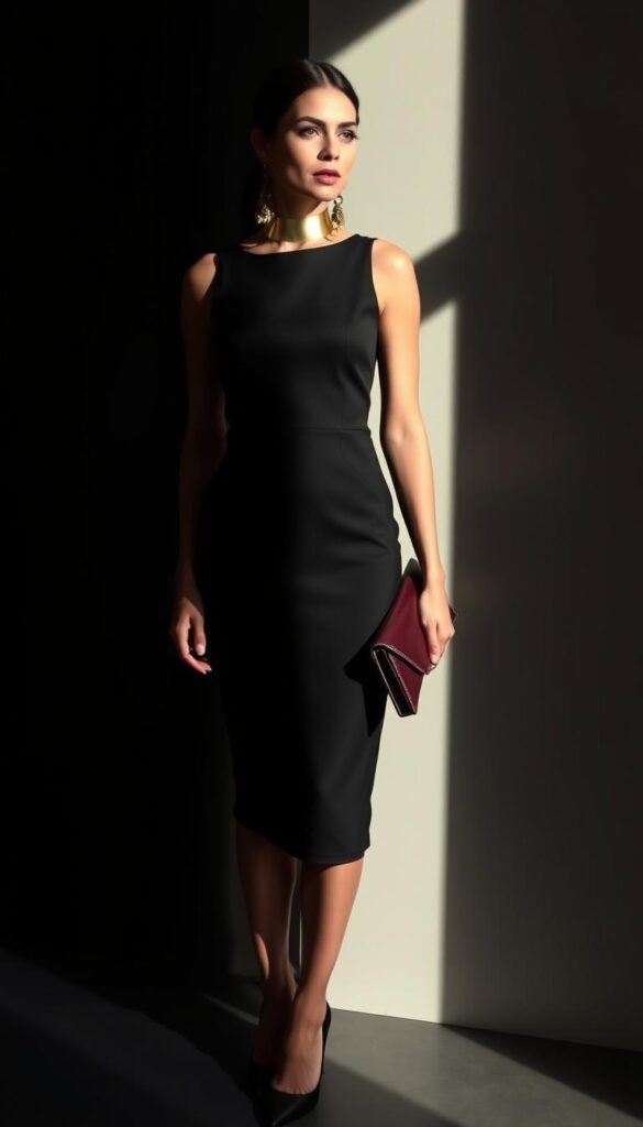 A sleek, form-fitting little black dress with a flattering midi-length hem, tailored to accentuate the figure. Elegant statement accessories elevate the look - a bold gold choker necklace, dangling chandelier earrings, and a structured leather clutch in a rich burgundy hue. The dress is illuminated by soft, directional lighting, casting dramatic shadows and highlights. The background is a minimalist, high-contrast setting, allowing the dress and accessories to be the focal point. An air of refined sophistication and effortless style permeates the scene. A sleek, form-fitting little black dress with a flattering midi-length hem, tailored to accentuate the figure. Elegant statement accessories elevate the look - a bold gold choker necklace, dangling chandelier earrings, and a structured leather clutch in a rich burgundy hue. The dress is illuminated by soft, directional lighting, casting dramatic shadows and highlights. The background is a minimalist, high-contrast setting, allowing the dress and accessories to be the focal point. An air of refined sophistication and effortless style permeates the scene.