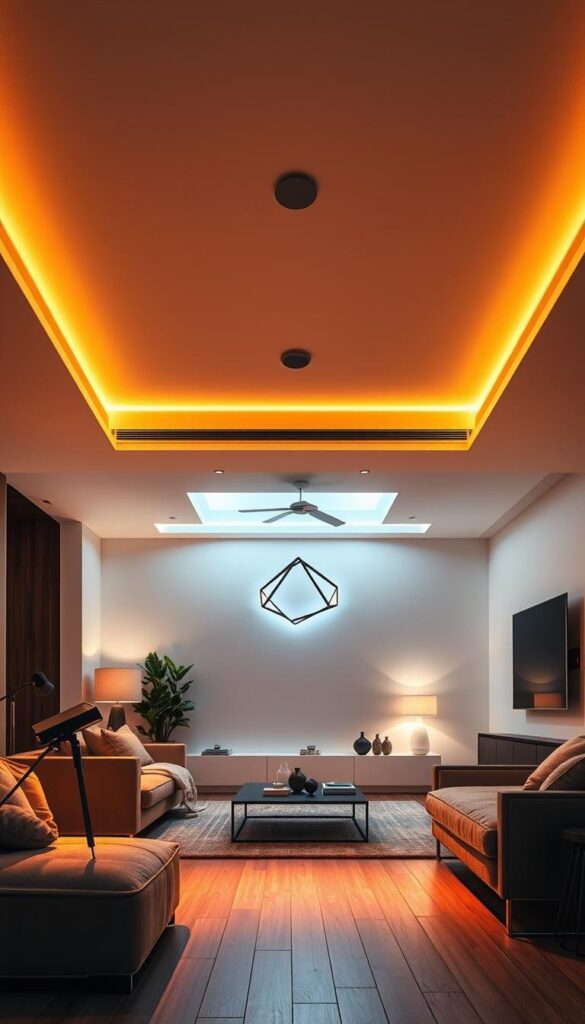 A sleek, minimalist living room showcases the mesmerizing effects of color temperature LED lighting. In the foreground, a trio of adjustable spotlights cast a warm, golden glow, accentuating the rich wood tones and plush textiles. In the middle ground, a seamless ceiling-mounted LED strip bathes the space in a soft, ambient light, creating a cozy and inviting atmosphere. The background features a futuristic, geometric light fixture that emits a cool, bluish-white illumination, complementing the modern decor and adding depth to the scene. The interplay of these diverse lighting elements demonstrates the power of color temperature to set the mood and enhance the aesthetic of the room. A sleek, minimalist living room showcases the mesmerizing effects of color temperature LED lighting. In the foreground, a trio of adjustable spotlights cast a warm, golden glow, accentuating the rich wood tones and plush textiles. In the middle ground, a seamless ceiling-mounted LED strip bathes the space in a soft, ambient light, creating a cozy and inviting atmosphere. The background features a futuristic, geometric light fixture that emits a cool, bluish-white illumination, complementing the modern decor and adding depth to the scene. The interplay of these diverse lighting elements demonstrates the power of color temperature to set the mood and enhance the aesthetic of the room.