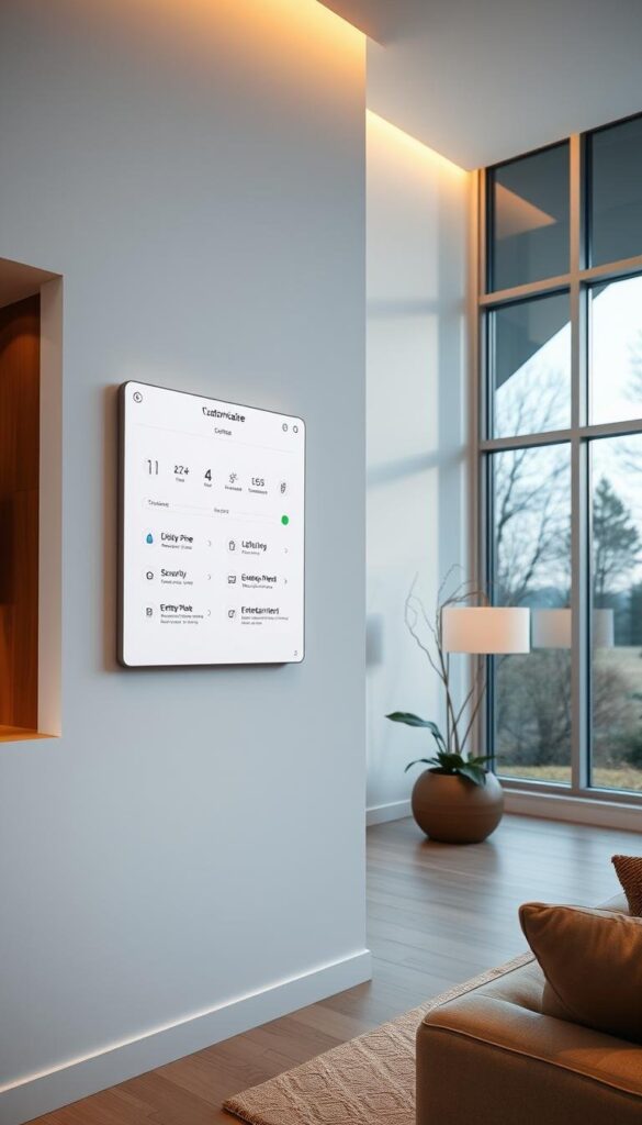 A sleek, minimalist smart home interior with a prominent display panel on the wall showcasing customizable home automation controls. The display features a clean, intuitive interface with adjustable settings for lighting, temperature, security, and entertainment. The room is bathed in soft, warm lighting, creating a cozy and inviting ambiance. Large windows offer a scenic view of a tranquil, nature-inspired outdoor setting. The overall aesthetic blends technology seamlessly with a modern, nature-inspired design, reflecting the harmony between smart home functionality and personalized living. A sleek, minimalist smart home interior with a prominent display panel on the wall showcasing customizable home automation controls. The display features a clean, intuitive interface with adjustable settings for lighting, temperature, security, and entertainment. The room is bathed in soft, warm lighting, creating a cozy and inviting ambiance. Large windows offer a scenic view of a tranquil, nature-inspired outdoor setting. The overall aesthetic blends technology seamlessly with a modern, nature-inspired design, reflecting the harmony between smart home functionality and personalized living.