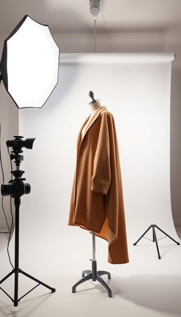 A sleek, modern home studio with a white seamless backdrop. Soft, diffused lighting from multiple angles creates a flattering, shadowless effect on a fashionable outfit displayed on a mannequin. The outfit is lit from the side and above, using a large softbox and rim lights to accentuate the textural details. The camera is positioned at a slight downward angle, capturing the outfit in an elegant, high-fashion style. The atmosphere is clean, bright, and professional, showcasing the clothing in the best possible light. A sleek, modern home studio with a white seamless backdrop. Soft, diffused lighting from multiple angles creates a flattering, shadowless effect on a fashionable outfit displayed on a mannequin. The outfit is lit from the side and above, using a large softbox and rim lights to accentuate the textural details. The camera is positioned at a slight downward angle, capturing the outfit in an elegant, high-fashion style. The atmosphere is clean, bright, and professional, showcasing the clothing in the best possible light.