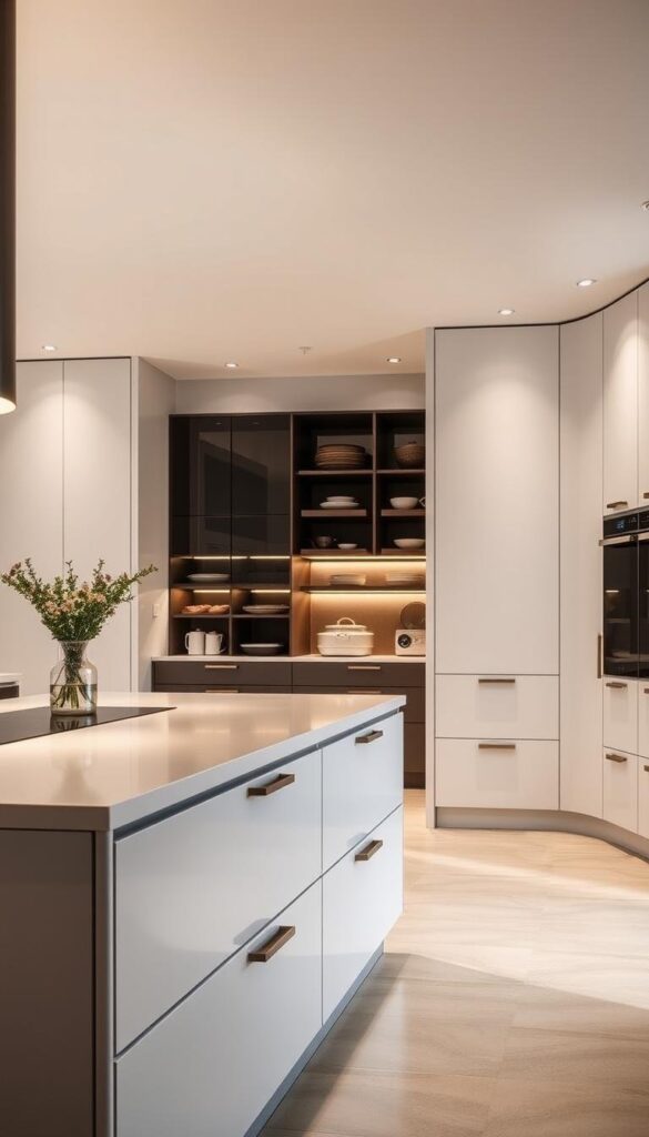A sleek, modern kitchen with ample storage solutions. The foreground features a minimalist, integrated kitchen island with clean lines and recessed handles, providing hidden storage and a streamlined aesthetic. The middle ground showcases a range of streamlined, built-in cabinets with soft-close doors and drawers, maximizing vertical space. In the background, a high-end, handleless pantry system blends seamlessly into the kitchen, offering hidden storage for dry goods and appliances. The lighting is a combination of subtle, recessed LEDs and a large, minimalist pendant light, casting a warm, even glow over the space. The overall mood is one of modern sophistication and efficiency. A sleek, modern kitchen with ample storage solutions. The foreground features a minimalist, integrated kitchen island with clean lines and recessed handles, providing hidden storage and a streamlined aesthetic. The middle ground showcases a range of streamlined, built-in cabinets with soft-close doors and drawers, maximizing vertical space. In the background, a high-end, handleless pantry system blends seamlessly into the kitchen, offering hidden storage for dry goods and appliances. The lighting is a combination of subtle, recessed LEDs and a large, minimalist pendant light, casting a warm, even glow over the space. The overall mood is one of modern sophistication and efficiency.