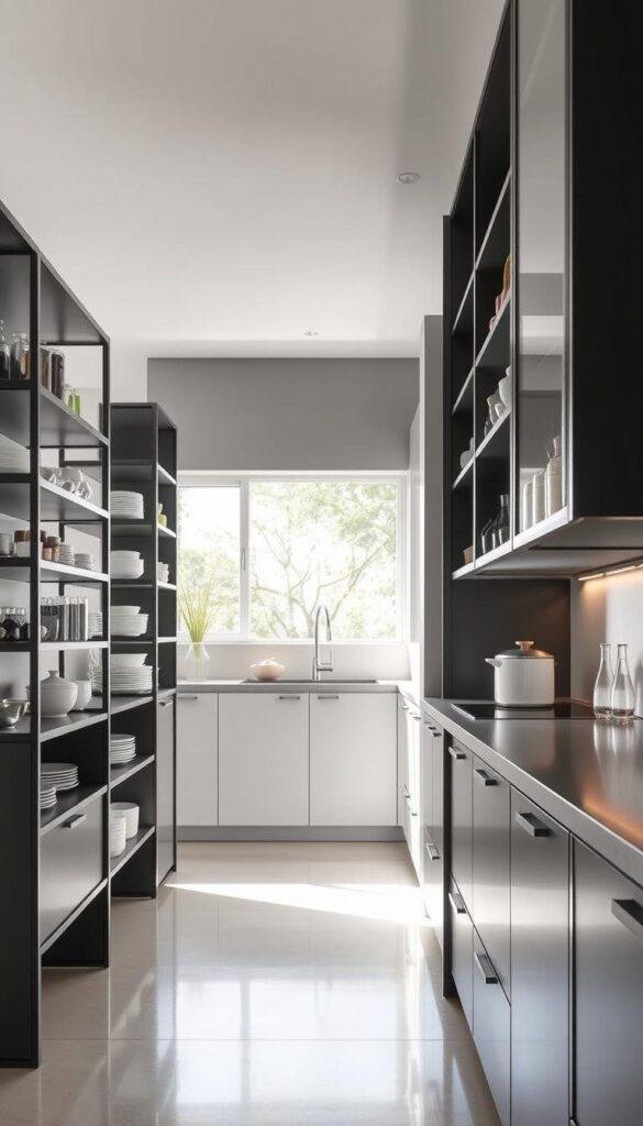 A sleek, modern kitchen with floor-to-ceiling vertical storage solutions. In the foreground, tall, minimalist shelving units in matte black or dark gray, showcasing a variety of kitchen items neatly organized. The middle ground features a bright, airy space with natural light streaming in through large windows, illuminating the clean, polished surfaces. In the background, a subtle, neutral-toned backsplash and countertops complement the overall aesthetic. The scene conveys a sense of effortless functionality and sophisticated style, perfectly suited for a contemporary kitchen design. A sleek, modern kitchen with floor-to-ceiling vertical storage solutions. In the foreground, tall, minimalist shelving units in matte black or dark gray, showcasing a variety of kitchen items neatly organized. The middle ground features a bright, airy space with natural light streaming in through large windows, illuminating the clean, polished surfaces. In the background, a subtle, neutral-toned backsplash and countertops complement the overall aesthetic. The scene conveys a sense of effortless functionality and sophisticated style, perfectly suited for a contemporary kitchen design.