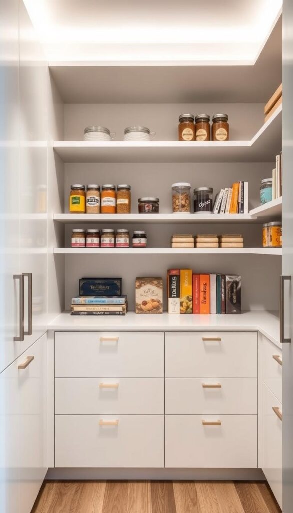 A sleek, modern pantry with seamless organization. Crisp white shelves and drawers in a minimalist design, accented by warm wood tones and muted metallic hardware. Soft, even lighting casts a gentle glow, creating a sense of calm and order. The layout is efficient, with carefully curated storage solutions tailored to the homeowner's needs. Pops of vibrant color come from neatly arranged spice jars, cookbooks, and other kitchen essentials, adding visual interest against the neutral backdrop. The overall impression is one of sophisticated simplicity, where form and function harmoniously blend to create a serene, highly organized space. A sleek, modern pantry with seamless organization. Crisp white shelves and drawers in a minimalist design, accented by warm wood tones and muted metallic hardware. Soft, even lighting casts a gentle glow, creating a sense of calm and order. The layout is efficient, with carefully curated storage solutions tailored to the homeowner's needs. Pops of vibrant color come from neatly arranged spice jars, cookbooks, and other kitchen essentials, adding visual interest against the neutral backdrop. The overall impression is one of sophisticated simplicity, where form and function harmoniously blend to create a serene, highly organized space.