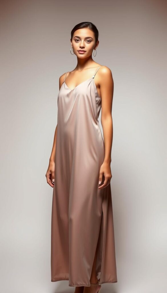 A sleek, modern slip dress in a soft, muted color palette, draped gracefully over the form of a confident young woman standing against a minimalist, light-filled backdrop. The dress's clean lines and delicate straps create an air of understated sophistication, accentuated by subtle metallic accents. Soft, directional lighting casts a subtle glow, highlighting the dress's luxurious fabric and the model's radiant poise. The overall atmosphere conveys a sense of refined elegance, perfect for a graduation ceremony where the wearer commands attention with effortless style. A sleek, modern slip dress in a soft, muted color palette, draped gracefully over the form of a confident young woman standing against a minimalist, light-filled backdrop. The dress's clean lines and delicate straps create an air of understated sophistication, accentuated by subtle metallic accents. Soft, directional lighting casts a subtle glow, highlighting the dress's luxurious fabric and the model's radiant poise. The overall atmosphere conveys a sense of refined elegance, perfect for a graduation ceremony where the wearer commands attention with effortless style.