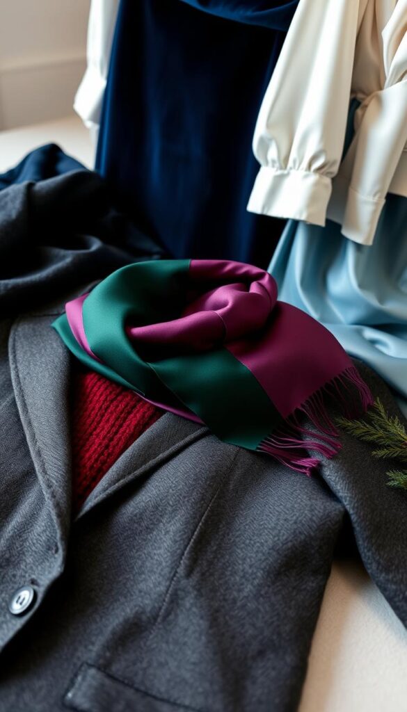 A sleek, stylish arrangement of luxury winter fabrics and materials for a professional wardrobe. In the foreground, a plush cashmere sweater in a rich burgundy hue rests atop a finely tailored wool blazer in a sophisticated charcoal gray. In the middle ground, a stack of neatly folded silk scarves in deep forest green and regal purple add a touch of elegance. The background features a luxurious velvet skirt in a midnight blue, its sumptuous texture complemented by the sheen of a satin blouse in an icy white. Lighting is soft and diffused, creating a warm, inviting atmosphere that evokes the essence of refined winter professionalism. A sleek, stylish arrangement of luxury winter fabrics and materials for a professional wardrobe. In the foreground, a plush cashmere sweater in a rich burgundy hue rests atop a finely tailored wool blazer in a sophisticated charcoal gray. In the middle ground, a stack of neatly folded silk scarves in deep forest green and regal purple add a touch of elegance. The background features a luxurious velvet skirt in a midnight blue, its sumptuous texture complemented by the sheen of a satin blouse in an icy white. Lighting is soft and diffused, creating a warm, inviting atmosphere that evokes the essence of refined winter professionalism.