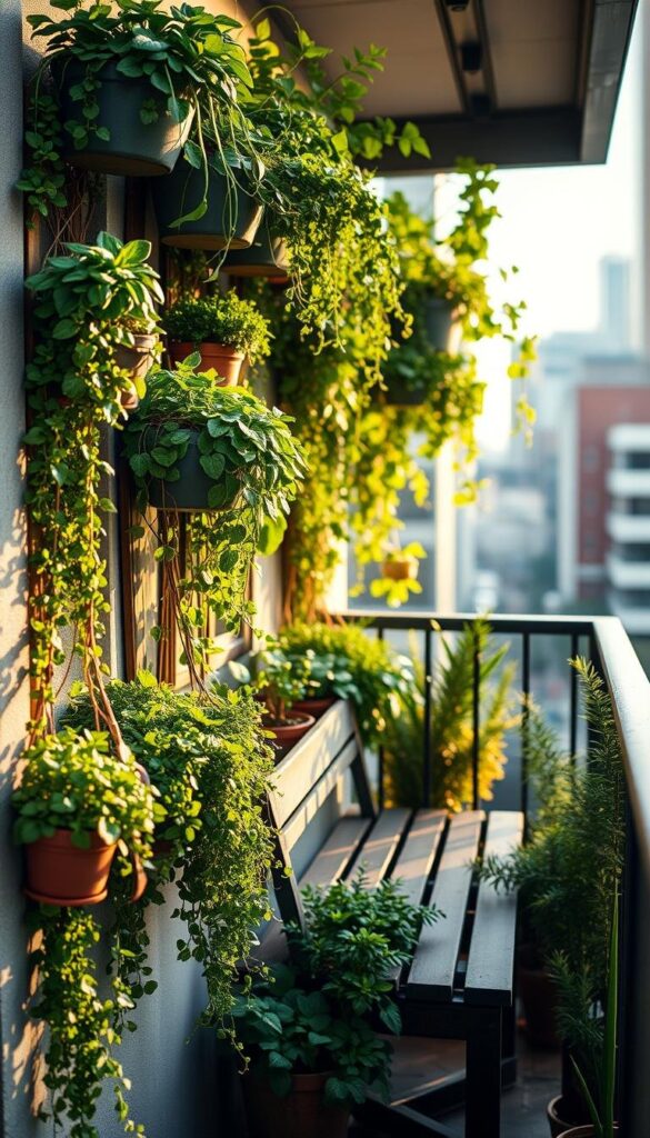 A small balcony transformed into a lush, vertical garden oasis. In the foreground, a collection of thriving, verdant planters of various sizes and shapes line the railings, creating a cascading, textural display. The middle ground features a wooden bench or ledge, providing a cozy seating area amidst the greenery. Warm, natural lighting filters through the scene, casting a soft, golden glow and enhancing the organic feel. The background is softly blurred, hinting at the surrounding urban landscape beyond, yet keeping the focus on the intimate, peaceful balcony retreat. The overall composition conveys a sense of urban gardening, tranquility, and efficient space utilization. A small balcony transformed into a lush, vertical garden oasis. In the foreground, a collection of thriving, verdant planters of various sizes and shapes line the railings, creating a cascading, textural display. The middle ground features a wooden bench or ledge, providing a cozy seating area amidst the greenery. Warm, natural lighting filters through the scene, casting a soft, golden glow and enhancing the organic feel. The background is softly blurred, hinting at the surrounding urban landscape beyond, yet keeping the focus on the intimate, peaceful balcony retreat. The overall composition conveys a sense of urban gardening, tranquility, and efficient space utilization.