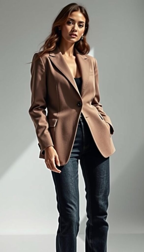 A smartly tailored blazer in a muted hue, paired with refined, high-waisted jeans in a sleek dark wash. The ensemble is elevated by the juxtaposition of structured and relaxed elements, creating a harmonious, fashion-forward look. Soft, directional lighting illuminates the textural details, while a simple, elegant background allows the outfit to take center stage. The overall effect is one of understated sophistication - a blend of casual ease and refined style that embodies timeless chic. A smartly tailored blazer in a muted hue, paired with refined, high-waisted jeans in a sleek dark wash. The ensemble is elevated by the juxtaposition of structured and relaxed elements, creating a harmonious, fashion-forward look. Soft, directional lighting illuminates the textural details, while a simple, elegant background allows the outfit to take center stage. The overall effect is one of understated sophistication - a blend of casual ease and refined style that embodies timeless chic.