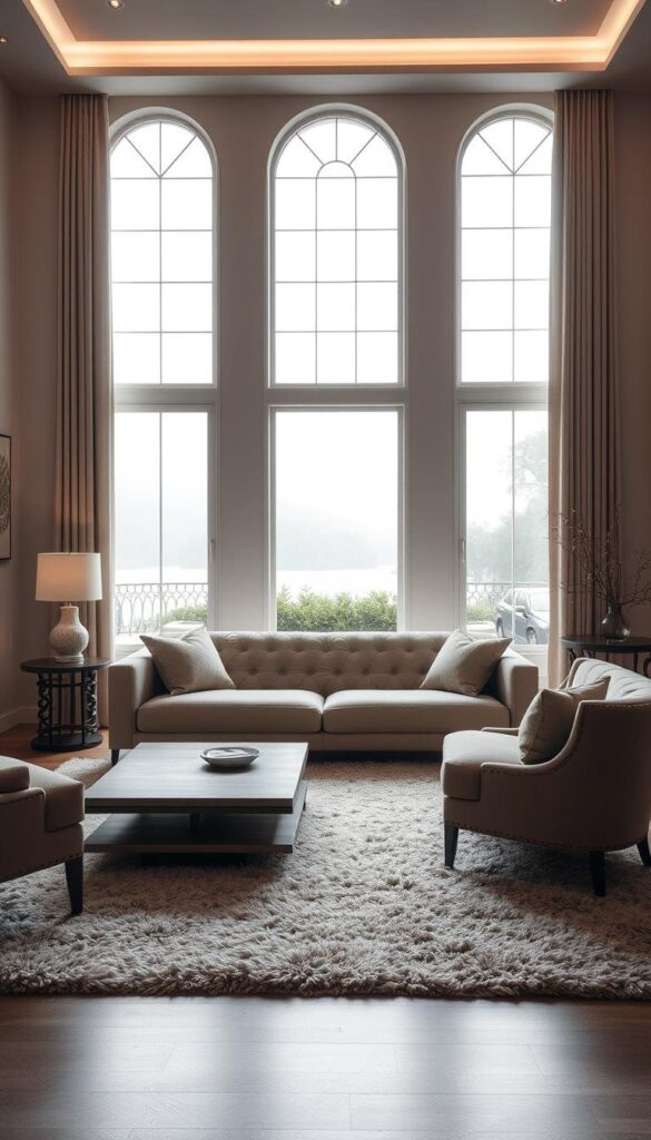 A softly lit, elegant living room with plush, understated furnishings. The room is bathed in muted, ambient lighting, creating a sense of tranquility and refinement. A large, tufted sofa in a neutral palette anchors the space, complemented by a pair of matching armchairs. A low, wooden coffee table sits atop a lush, textured rug. Tall, arched windows offer a glimpse of a serene outdoor scene, blurring the boundaries between inside and out. The overall atmosphere is one of quiet luxury, where every detail has been thoughtfully considered to evoke a sense of sophisticated comfort. A softly lit, elegant living room with plush, understated furnishings. The room is bathed in muted, ambient lighting, creating a sense of tranquility and refinement. A large, tufted sofa in a neutral palette anchors the space, complemented by a pair of matching armchairs. A low, wooden coffee table sits atop a lush, textured rug. Tall, arched windows offer a glimpse of a serene outdoor scene, blurring the boundaries between inside and out. The overall atmosphere is one of quiet luxury, where every detail has been thoughtfully considered to evoke a sense of sophisticated comfort.
