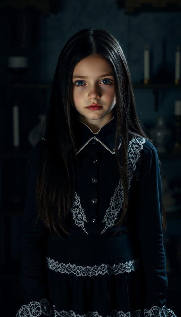 A somberly dressed young girl with long dark hair, pale skin, and a stoic expression, wearing a black dress with a high collared white lace trim. She stands in a dimly lit room, with a moody, atmospheric lighting casting dramatic shadows across her face. The background is a muted, moody palette, with hints of cobwebs, candles, and other Gothic accents, creating a spooky, eerie ambiance. The overall impression is a pop culture interpretation of the iconic Wednesday Addams Halloween costume, capturing the character's distinct style and haunting presence. A somberly dressed young girl with long dark hair, pale skin, and a stoic expression, wearing a black dress with a high collared white lace trim. She stands in a dimly lit room, with a moody, atmospheric lighting casting dramatic shadows across her face. The background is a muted, moody palette, with hints of cobwebs, candles, and other Gothic accents, creating a spooky, eerie ambiance. The overall impression is a pop culture interpretation of the iconic Wednesday Addams Halloween costume, capturing the character's distinct style and haunting presence.