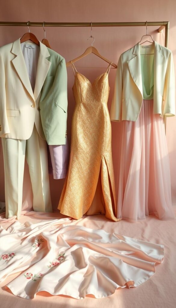 A sophisticated array of spring-inspired formal wear, laid out against a softly lit, pastel-hued backdrop. In the foreground, a delicate floral-embroidered dress in pale pink satin cascades gracefully. Beside it, a tailored linen suit in a soft sage green, crisp and elegant. In the middle ground, a shimmering gold cocktail dress with a high slit, its flowing chiffon skirt catching the light. In the background, a rack of other transitional pieces - a muted lavender midi-skirt, a structured ivory blazer, a diaphanous mint-colored blouse. The overall atmosphere is one of refined, seasonal sophistication, evoking the spirit of a special occasion in the spring. A sophisticated array of spring-inspired formal wear, laid out against a softly lit, pastel-hued backdrop. In the foreground, a delicate floral-embroidered dress in pale pink satin cascades gracefully. Beside it, a tailored linen suit in a soft sage green, crisp and elegant. In the middle ground, a shimmering gold cocktail dress with a high slit, its flowing chiffon skirt catching the light. In the background, a rack of other transitional pieces - a muted lavender midi-skirt, a structured ivory blazer, a diaphanous mint-colored blouse. The overall atmosphere is one of refined, seasonal sophistication, evoking the spirit of a special occasion in the spring.