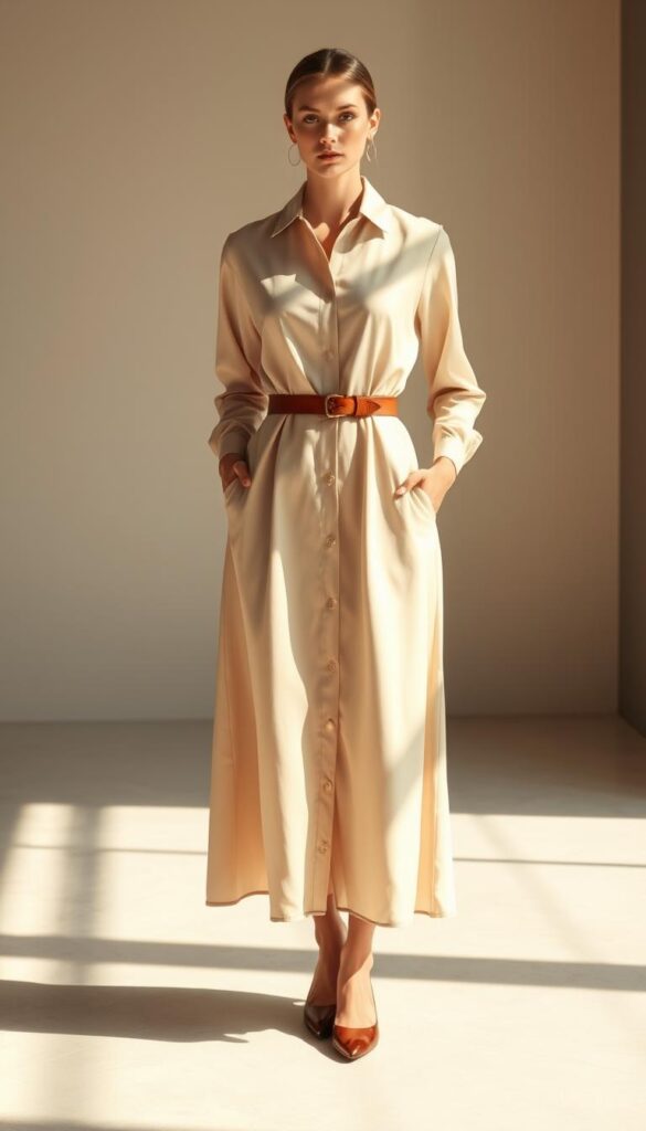 A sophisticated belted shirt dress in a soft, neutral tone, perfect for office wear. The dress features a fitted bodice, a collared neckline, and a flowing, knee-length skirt. A slim leather belt cinches the waist, adding a polished, professional touch. The dress is illuminated by warm, natural lighting, casting subtle shadows that highlight its elegant silhouette. The background is a minimalist, monochromatic office setting, with clean lines and a muted color palette that allows the dress to take center stage. The overall mood is one of refined simplicity and understated elegance, suitable for the modern, fashion-forward office. A sophisticated belted shirt dress in a soft, neutral tone, perfect for office wear. The dress features a fitted bodice, a collared neckline, and a flowing, knee-length skirt. A slim leather belt cinches the waist, adding a polished, professional touch. The dress is illuminated by warm, natural lighting, casting subtle shadows that highlight its elegant silhouette. The background is a minimalist, monochromatic office setting, with clean lines and a muted color palette that allows the dress to take center stage. The overall mood is one of refined simplicity and understated elegance, suitable for the modern, fashion-forward office.