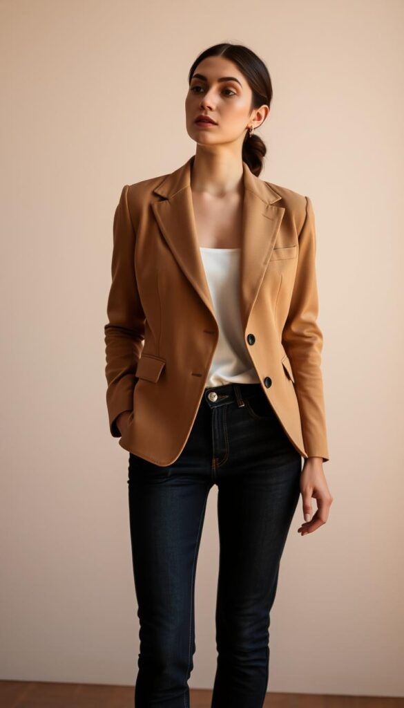 A sophisticated blazer in a timeless, neutral tone paired with well-fitted, dark-wash jeans. The blazer features clean lines, subtle shoulder padding, and a tailored silhouette. The jeans have a slim, straight-leg cut that flatters the figure. Warm, natural lighting casts a soft glow, highlighting the quality of the fabrics. The scene is set against a minimalist, monochromatic background, allowing the classic outfit to take center stage. An effortless, elevated look that exudes understated elegance. A sophisticated blazer in a timeless, neutral tone paired with well-fitted, dark-wash jeans. The blazer features clean lines, subtle shoulder padding, and a tailored silhouette. The jeans have a slim, straight-leg cut that flatters the figure. Warm, natural lighting casts a soft glow, highlighting the quality of the fabrics. The scene is set against a minimalist, monochromatic background, allowing the classic outfit to take center stage. An effortless, elevated look that exudes understated elegance.
