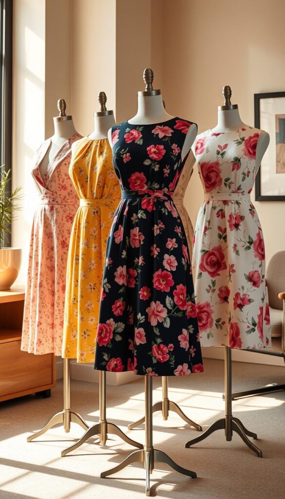A sophisticated bouquet of floral dresses in a sunlit office setting. An elegant selection of midi-length silhouettes in soft, feminine patterns like delicate ditsy prints and bold, abstract florals. The dresses are displayed on sleek, modern mannequins against a backdrop of neutral walls and tasteful office decor. The lighting is warm and flattering, casting a gentle glow that highlights the vibrant colors and textures of the fabrics. The overall mood is professional yet stylish, showcasing how these beautiful, work-appropriate dresses can seamlessly transition from the boardroom to the spring social calendar. A sophisticated bouquet of floral dresses in a sunlit office setting. An elegant selection of midi-length silhouettes in soft, feminine patterns like delicate ditsy prints and bold, abstract florals. The dresses are displayed on sleek, modern mannequins against a backdrop of neutral walls and tasteful office decor. The lighting is warm and flattering, casting a gentle glow that highlights the vibrant colors and textures of the fabrics. The overall mood is professional yet stylish, showcasing how these beautiful, work-appropriate dresses can seamlessly transition from the boardroom to the spring social calendar.