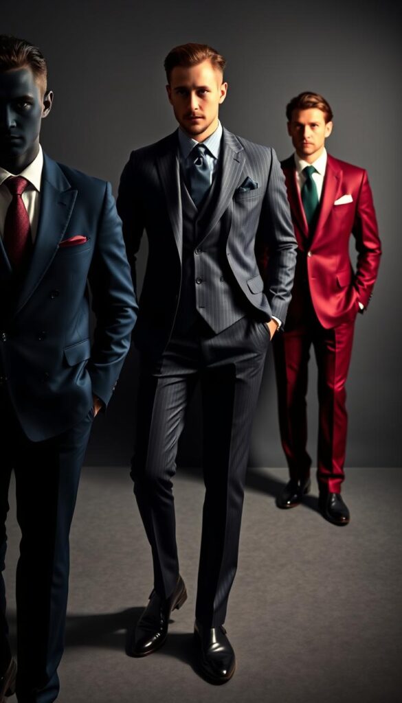 A sophisticated ensemble of tailored winter power suits in a dimly lit, high-contrast studio setting. In the foreground, a well-fitted navy blue double-breasted suit with sharp notched lapels, accentuated by a crisp white button-down and a burgundy necktie. In the middle ground, a charcoal gray pinstripe suit with a sleek silhouette, paired with a slate gray waistcoat and a deep green pocket square. In the background, a bold burgundy suit with a subtle sheen, complemented by a crisp white shirt and a black skinny tie. Dramatic side lighting casts dramatic shadows, evoking an air of authority and professionalism. The scene exudes an aura of cold weather business savvy and executive-level sartorial prowess. A sophisticated ensemble of tailored winter power suits in a dimly lit, high-contrast studio setting. In the foreground, a well-fitted navy blue double-breasted suit with sharp notched lapels, accentuated by a crisp white button-down and a burgundy necktie. In the middle ground, a charcoal gray pinstripe suit with a sleek silhouette, paired with a slate gray waistcoat and a deep green pocket square. In the background, a bold burgundy suit with a subtle sheen, complemented by a crisp white shirt and a black skinny tie. Dramatic side lighting casts dramatic shadows, evoking an air of authority and professionalism. The scene exudes an aura of cold weather business savvy and executive-level sartorial prowess.